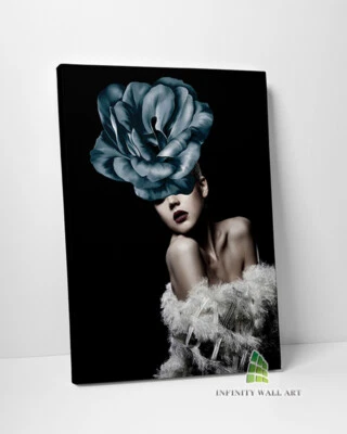 WOMAN with BLUE FLOWER Canvas Art Wall Art Print Picture Fashion Decor Canvas_E3 - Image 1 of 4