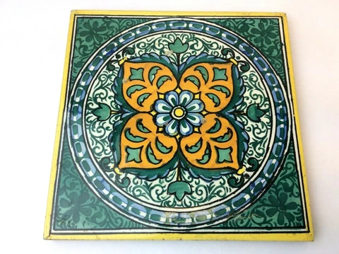 Made in Spain Cork Backed Yellow Green Orange Ceramic Decorative Tile Art Cover