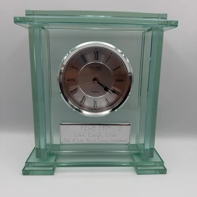 Danbury Clock Company Glass Mantel Clock Quartz Desk Clock Engraved Herb Fein - Image 1 of 4