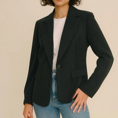 Chaqueta Blazer AK Anne Klein Elastizada Talla 10 Negra Blanca Rayas Carrera Oficina Foto 1 de 4