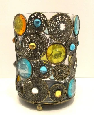 Portavelas grande Pier 1 turquesa y ámbar estilo marroquí metal y vidrio Foto 1 de 4