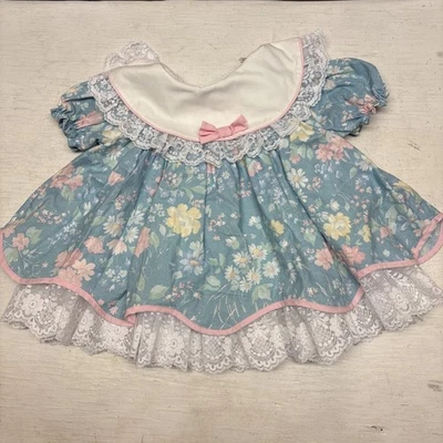 Vintage BRYAN & CO Dress Girl Baby (12 Mo) Floral Blue Lace - Image 1 of 4