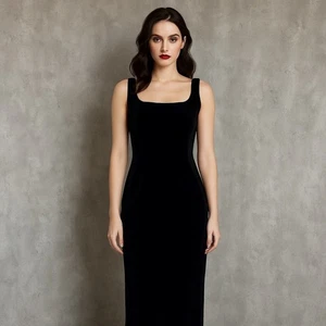 Vintage 90s Episode Black Velvet Evening Gown Square Neck Maxi Cocktail Dress - Bild 1 von 11