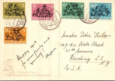 NETHERLANDS 1952 PICT POSTCARD SEMI-POSTAL CHILDREN MULT FRANKED ADDR & POSTMARK - Image 1 of 2