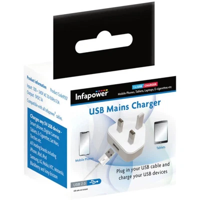 UK 3 Pin Single USB Plug Adapter Mains 1A Wall Charger 1 Port For Phones Tablet - Image 1 of 4
