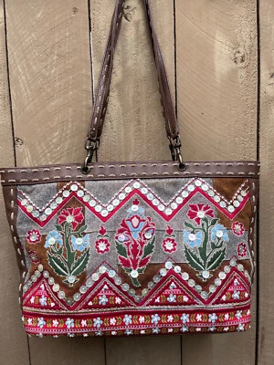 Isabella Fiore Floral Embroidered Button Bead Embellished Shoulder Tote Bag - Image 1 of 4