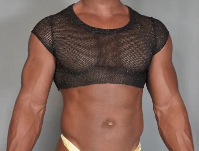 BLACK SPARKLE CROPPED SHORT SLEEVE MESH SHIRT SIZE M - Image 1 of 4