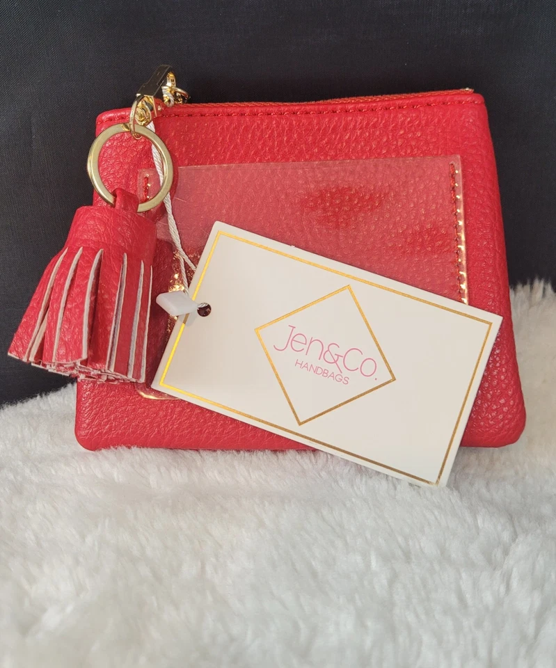 JEN & CO. LENA WALLET CLEAR ID HOLDER COIN PURSE TASSEL VEGAN LEATHER RED