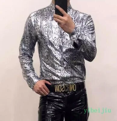 Snakeskin Serpentine Pattern Leopard Shirts Men's Sim Nightclub Sexy Long Sleeve - Image 1 of 4