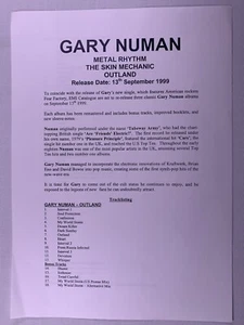 Gary Numan Press Release  Metal Rhythm The Skin Mechanic Outland Re-release 1999 - Imagen 1 de 3