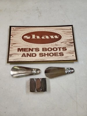 Letrero vintage Shaw Shoe Company Coldwater Mi, 2 cuernos de zapatos y 3 estampillas de compañía Foto 1 de 4