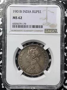 1901-B India 1 Rupee NGC MS62 Lot#G4541 Silver! Nice UNC! - Picture 1 of 3