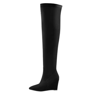 Botas largas Onlymaker para mujer punta puntiaguda hasta la rodilla tacón de cuña elástico cremallera lateral - Imagen 1 de 6