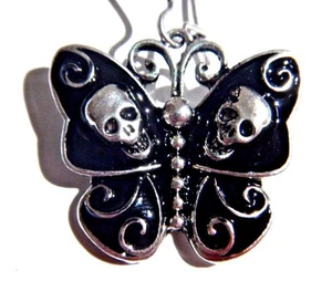 BLACK DEATHS HEAD MOTH EARRINGS hangers silver skull butterfly goth punk emo 2E - Picture 1 of 2