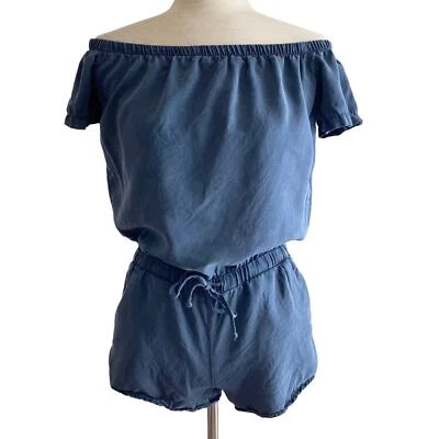 BELLA DAHL Blue Off Shoulder Drawstring Romper Size XS Pocketed Tie Waist Casual - Image 1 of 4
