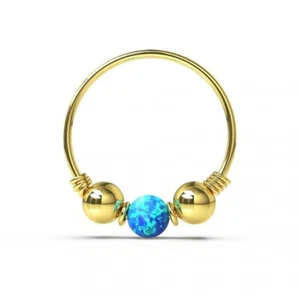 8mm Blue Opal Bead 9K Solid Gold 2 Plain Ball Spring Coil End Nose Hoop Ring 22G - Picture 1 of 8