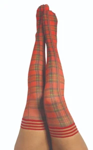 Kixies Red Plaid Thigh High Stockings No Slip Grips Size C NEW - Picture 1 of 5