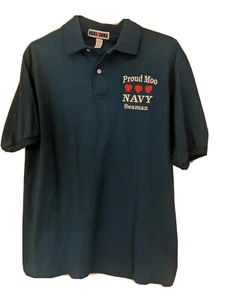 Jerzees Proud Moo Navy Seaman Embroidered Aqua Blue VTG Polo Shirt Size Large - Picture 1 of 5