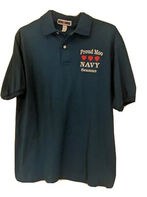 Jerzees Proud Moo Navy Seaman Embroidered Aqua Blue VTG Polo Shirt Size Large - Image 1 of 4