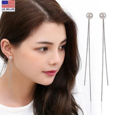 Women Elegant Pearls Earrings Classic Long Line Tassel Front Back Ins Stud 0553 - Image 1 of 4