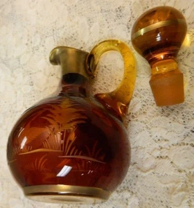 Vintage Czech Bohemian Amber Cut Clear Etched Glass Cruet & Stopper  22k Gold - Picture 1 of 7