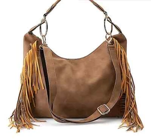 Mellow World "Monica" Faux Leather Woven & Fringe Detail Hobo Handbag Purse - Picture 1 of 9