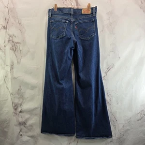 Levis Jeans Women 27 X 32 Flare 318 Shaping Wide Leg Dark Medium Denim 70s - Picture 1 of 12