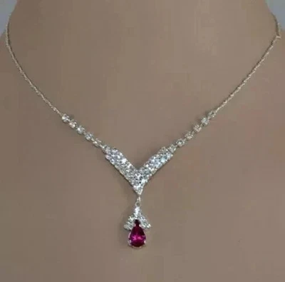 4.00Ct Pear Cut Lab Created Ruby Women's Necklace 14K White Gold Plated Silver - Image 1 of 4