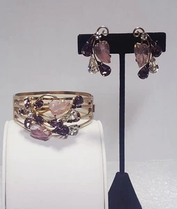 Coro Signed Vintage Lavender Dark Purple Clear Hinge Bracelet & Earrings  C593 - Picture 1 of 16