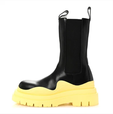 Bottega Veneta Women’s Black Calfskin Leather Tire Boots Yellow Sole Size 6.5 - Image 1 of 4
