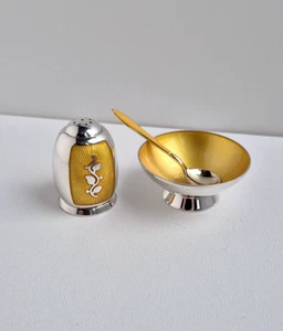 Saliere (Salz) mit Löffel & Pfefferstreuer 925 Sterling Silber & gelbe Emaille - Bild 1 von 13