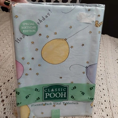 Vtg Winnie The Pooh Tablecloth Flannel Vinyl Oblong 52x70 Party NOS Birthday - Image 1 of 3