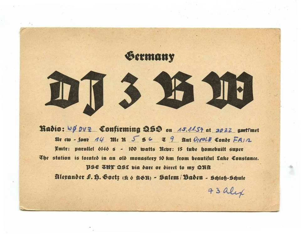 QSL Card DJ3BW Lake Constance Germany 1957 - Image 1 of 1
