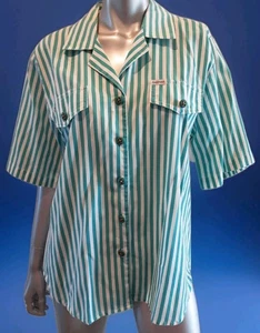 VTG CABRAIS-90s Y2K Diner-style Shirt Aqua/White Stripes Fun Buttons Sz 12/L - Picture 1 of 11