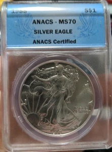 1988 $1 AMERICAN SILVER EAGLE ANACS MS70 BLUE LABEL - Picture 1 of 2
