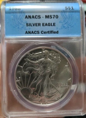 1988 $1 AMERICAN SILVER EAGLE ANACS MS70 BLUE LABEL - Image 1 of 2