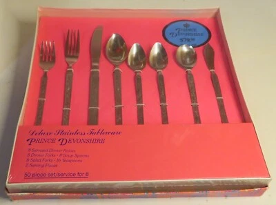 Vintage 50 Pc 8 Place Setting New Sealed Rose Prince Devonshire Stainless Steel - Image 1 of 4