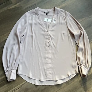 Express Women’s Long Sleeve Blouse V-Neck Long Sleeve Dusk Rose Medium  - Picture 1 of 13