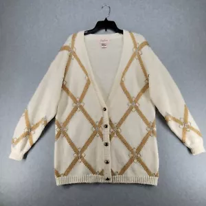 Jaclyn Smith Sweater Women Large Ivory Metallic Gold Beaded V-neck Button Up - Picture 1 of 14