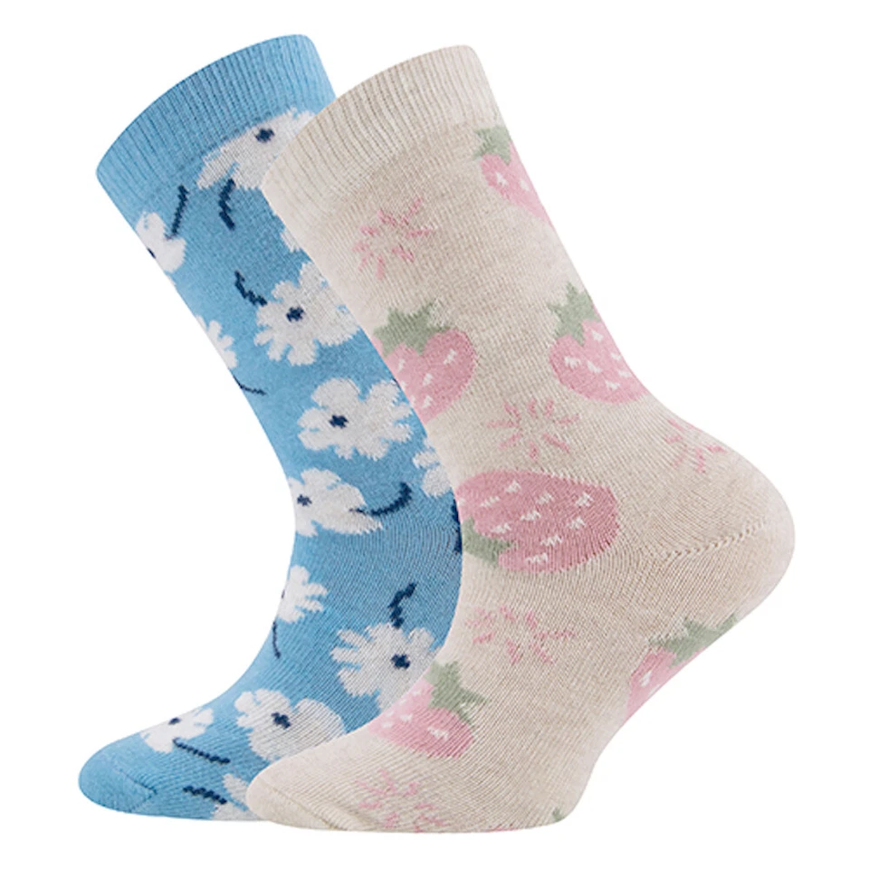 Ewers 2er Pack GOTS Erdbeeren/Blümchen Mädchen Strümpfe adria beige meliert - Bild 1 von 1