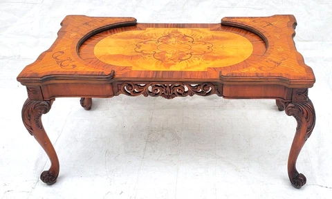 Antique French Style Walnut Carved & Floral Inlaid Coffee Table Circa 1930s Cover