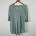 Poetry Top Sz 14 Blue 100% Linen High Low Pleated 3/4 Sleeve Relaxed