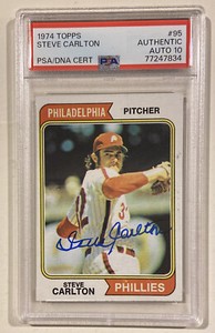 1974 Topps STEVE CARLTON Signed Baseball Card #95 PSA/DNA Auto Grade 10 Phillies