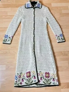 LUCKY BRAND -Rare EUC! 100 % Wool, Crochet Knit Long Cardigan Sweater Coat sz M - Picture 1 of 1