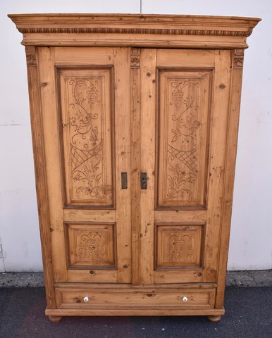 Antique Pine Two Door Armoire with Carved Door Panels Cover