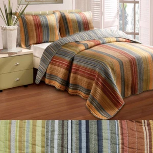 BEAUTIFUL MODERN STRIPE BROWN RUST COPPER GREEN RED BLUE ORANGE SOFT QUILT SET - Picture 1 of 3