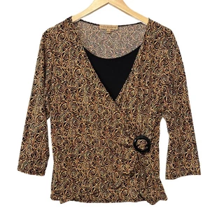 Notations Women's Black Orange Swirl Print Faux Wrap Blouse Size L - Picture 1 of 8