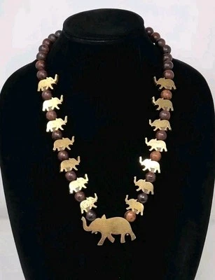 Collar vintage de madera de teca marrón oscuro y latón con cuentas de elefante 26 pulgadas Foto 1 de 4