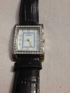Anne Klein Womens Black Leather Quartz Watch Rectangle Crystal Daimond Face - Picture 1 of 4