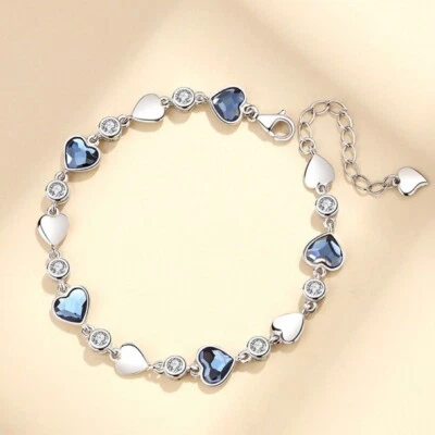 925 Sterling Silver Crystal Love Heart Linked Charm Bracelet Women Jewellery UK - Image 1 of 4